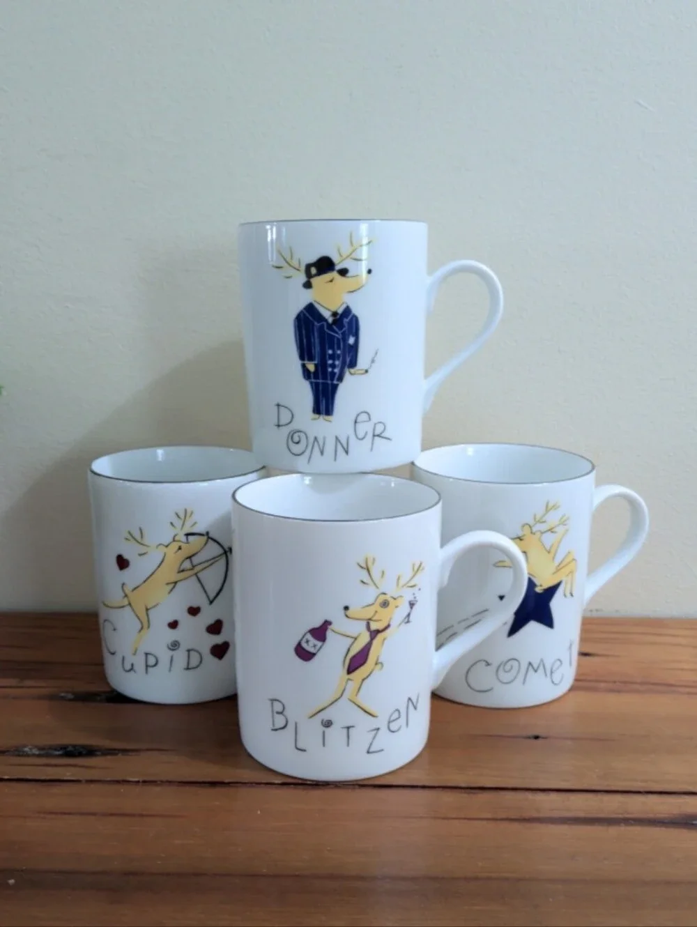 Pottery Barn Porcelain Reindeer Mugs Retired Set